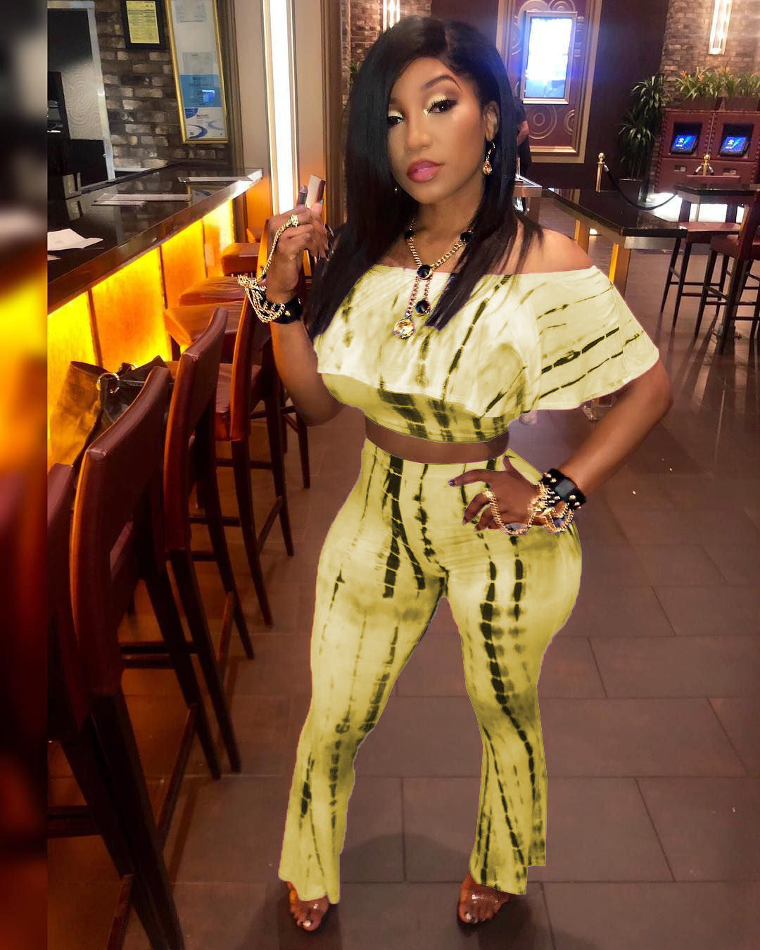 A5006 Fashion Tie-Dye Off-Shoulder Wide-Leg Pants Set