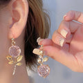 French Vintage Gold Asymmetrical Rose Earrings with Crystals