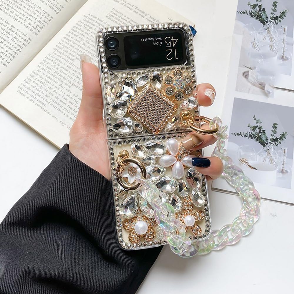 Omio for Samsung Galaxy Z Flip 4 5G Case with Strap Chain 3D Handmade Sparkle Stunning Stones Crystal Diamond Glitter Rhinestones Hard PC Phone Case for Galaxy Z Flip 4 Women Girls White