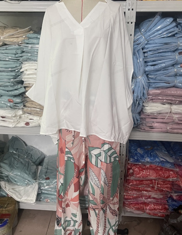 V-Neck Printed Wide Leg Pants Set