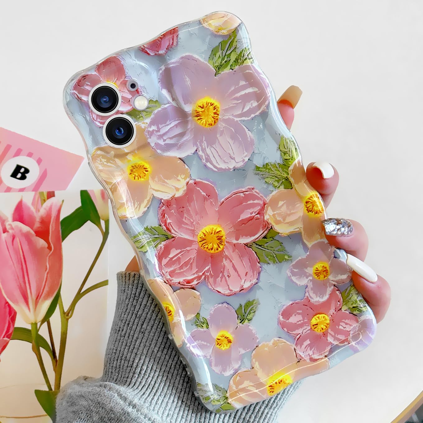 Floral Case for iPhone 13, Curly Wave Frame Flower Phone Case for Girls Women Soft Protective Cover for iPhone 13 6.1 inch