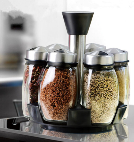 7pcs Condiment Set - Glass Spice Jars with Rack