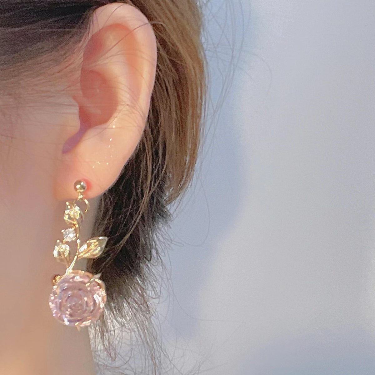 French Vintage Gold Asymmetrical Rose Earrings with Crystals