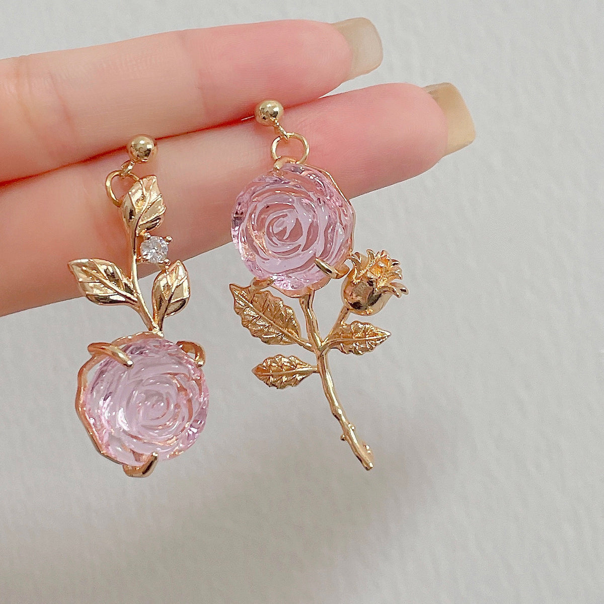 French Vintage Gold Asymmetrical Rose Earrings with Crystals