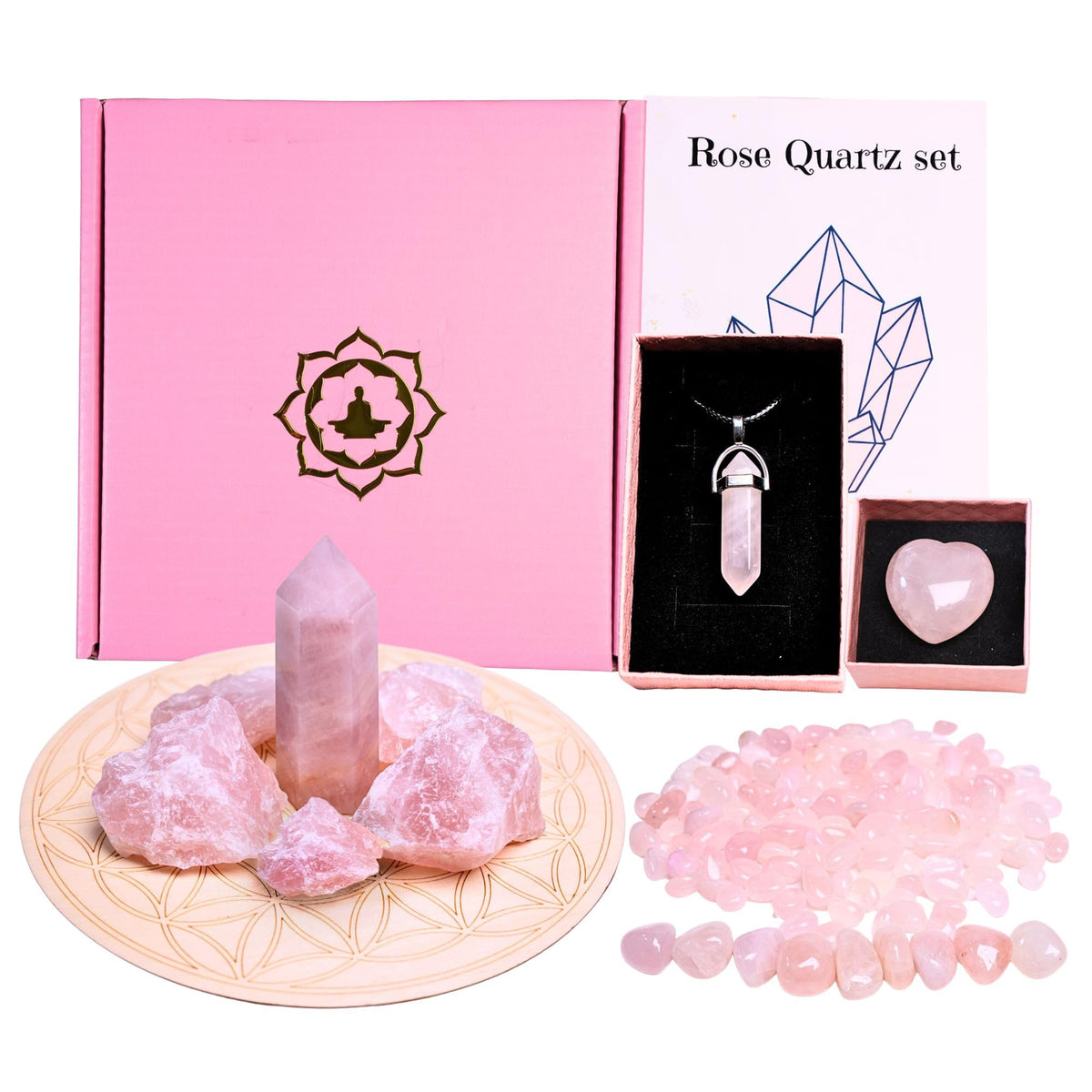 Genuine Rose Quartz Healing Crystal Set - Includes Pillar Tumbled and Raw Stones Necklace Heart Chips