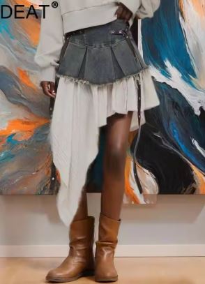 Retro Patchwork Denim Pleated Skirts