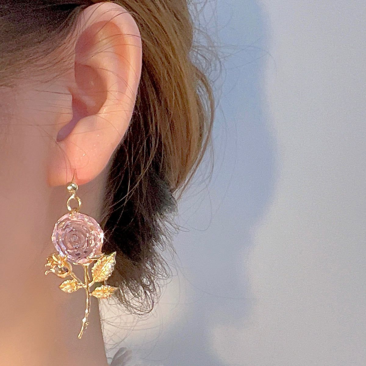 French Vintage Gold Asymmetrical Rose Earrings with Crystals
