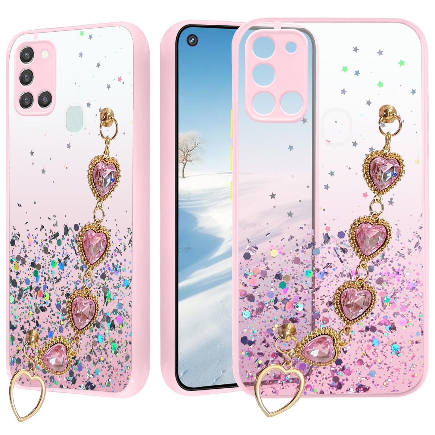Yarxiawin for Samsung A31 Case Clear Glitter Silicone Shockproof Samsung Galaxy A31 Phone Case with Chain Strap Bracelet for Women Aesthetic Transparent Cover Pink Cute (Pink)