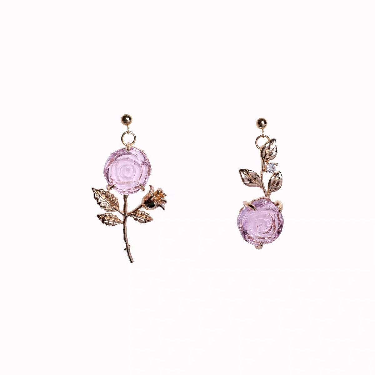 French Vintage Gold Asymmetrical Rose Earrings with Crystals
