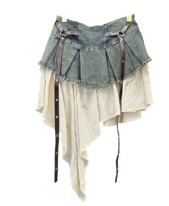 Retro Patchwork Denim Pleated Skirts