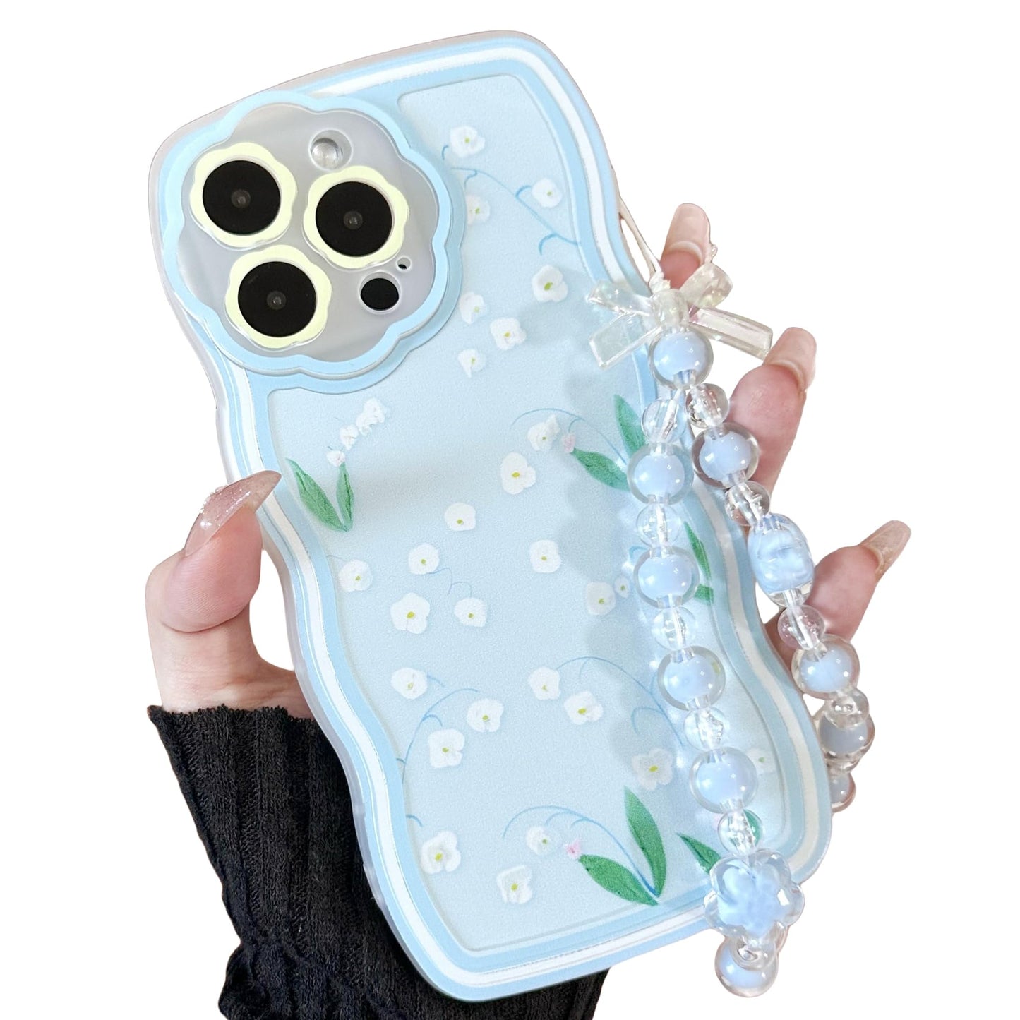 YWCMESDM Compatible iPhone 14 Pro caseCute Flower Phone case with Floral Pearl ChainSoft Elastic TPU Shockproof Phone case for Women and Teenage Girls.