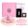 Genuine Rose Quartz Healing Crystal Set - Includes Pillar Tumbled and Raw Stones Necklace Heart Chips