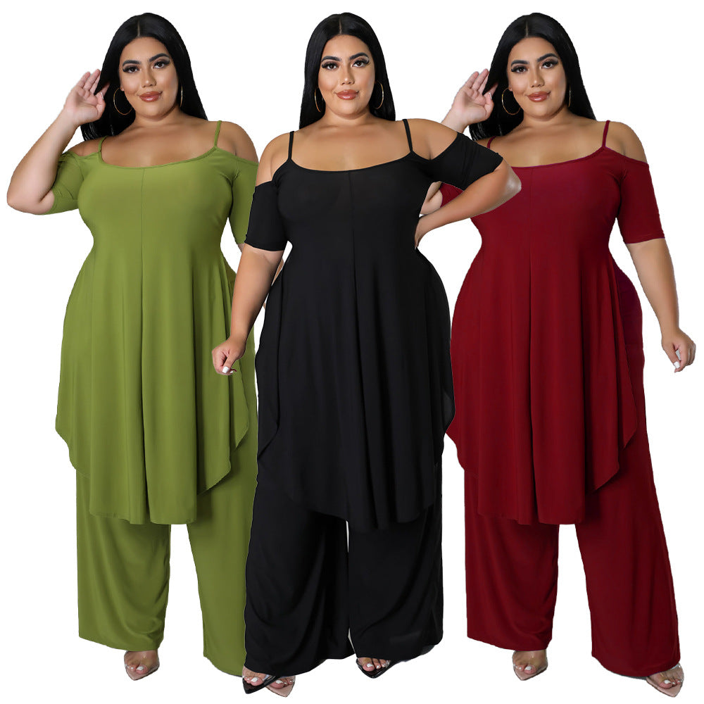 Plus Size Cold Shoulder Top & Wide Leg Pants Set