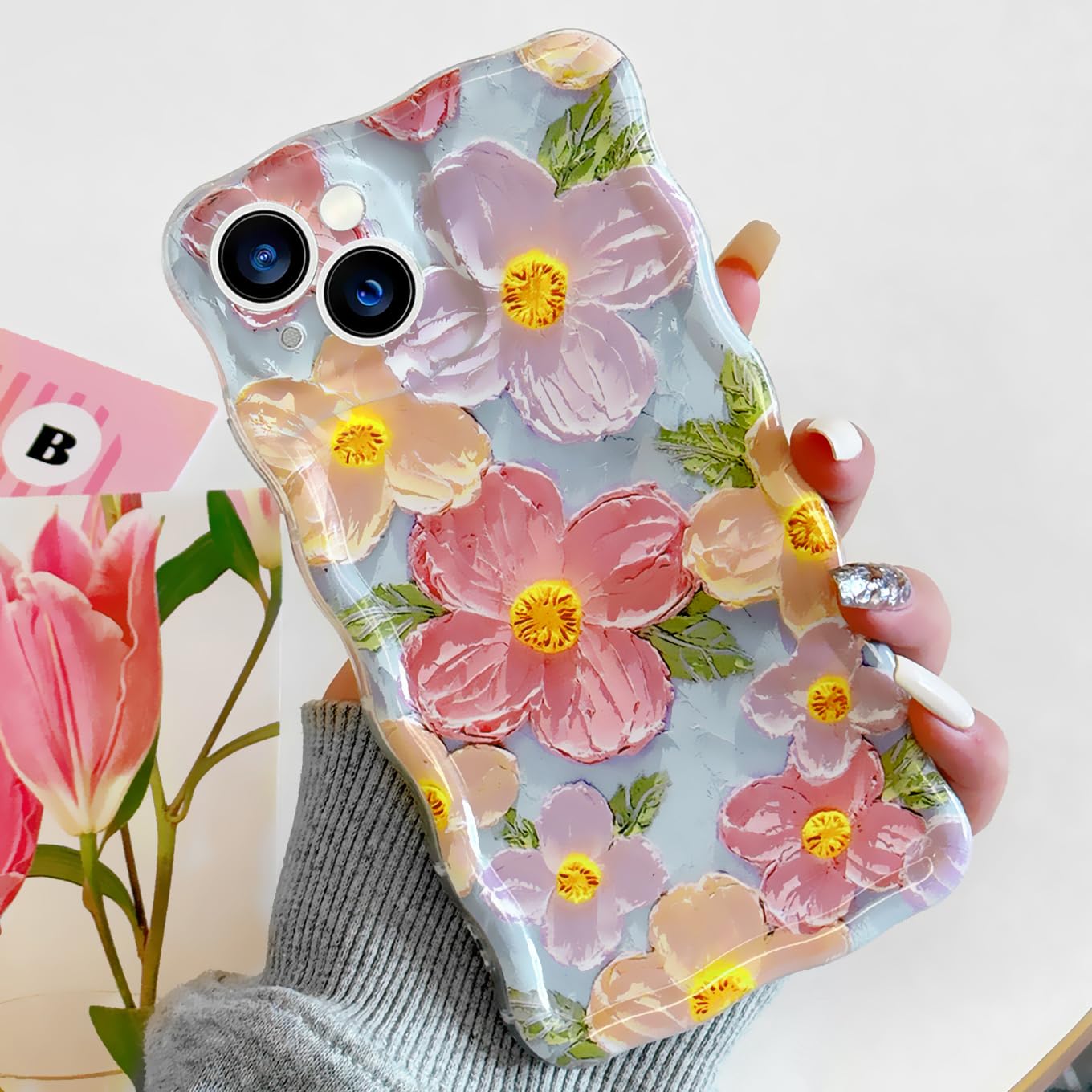 Floral Case for iPhone 13, Curly Wave Frame Flower Phone Case for Girls Women Soft Protective Cover for iPhone 13 6.1 inch