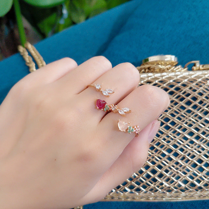 Japanese and Korean Style Floral Heart Ring with Crystals