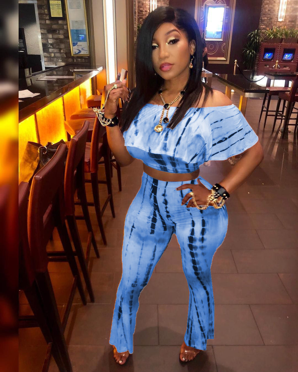 A5006 Fashion Tie-Dye Off-Shoulder Wide-Leg Pants Set