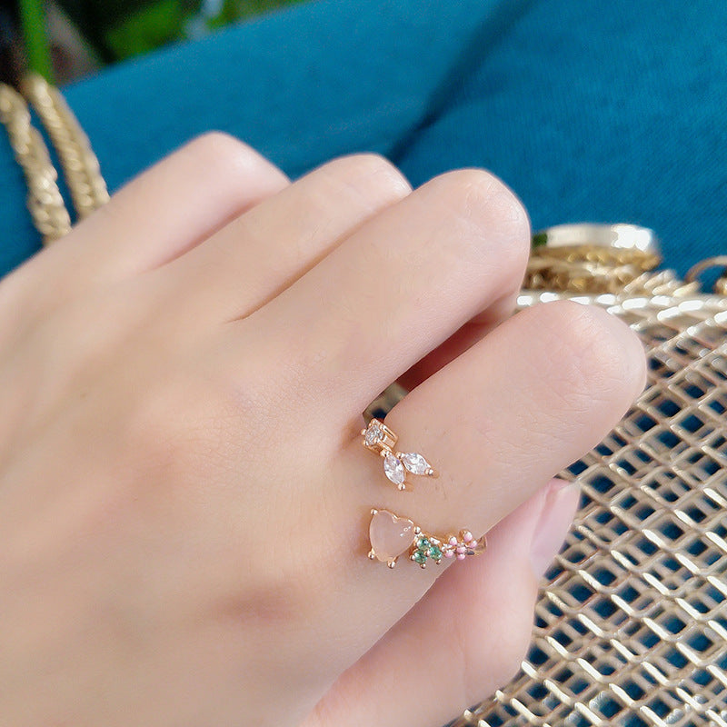 Japanese and Korean Style Floral Heart Ring with Crystals