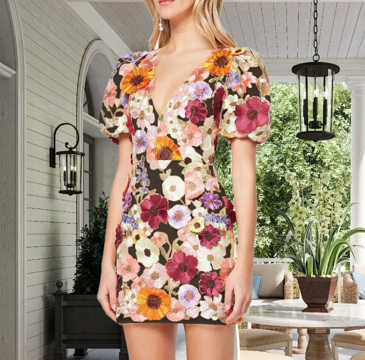 Elegant Floral V-Neck Lantern Sleeve Dress