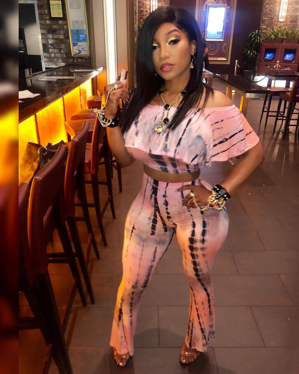A5006 Fashion Tie-Dye Off-Shoulder Wide-Leg Pants Set