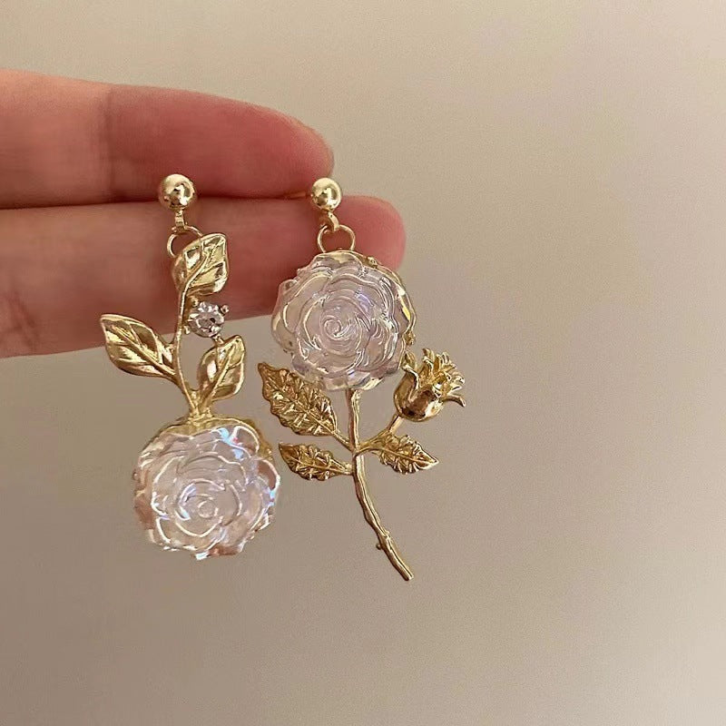 French Vintage Gold Asymmetrical Rose Earrings with Crystals