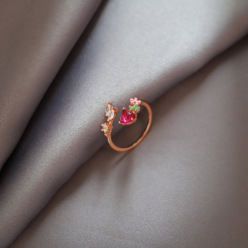 Japanese and Korean Style Floral Heart Ring with Crystals