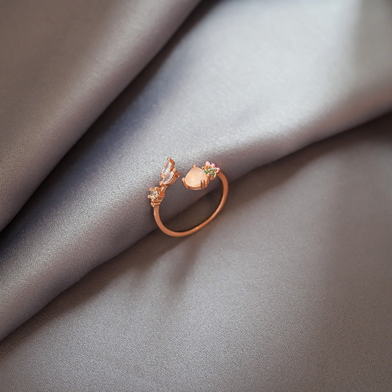 Japanese and Korean Style Floral Heart Ring with Crystals