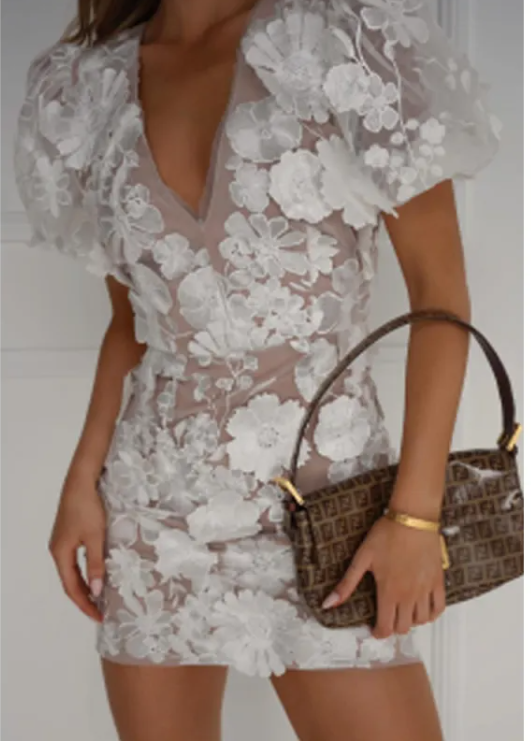 Elegant Floral V-Neck Lantern Sleeve Dress